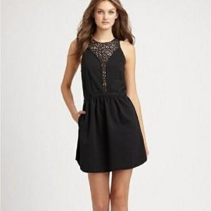Rebecca Taylor Ponte Lace Insert Black Dress Sleeveless Mini Back Zip Po…